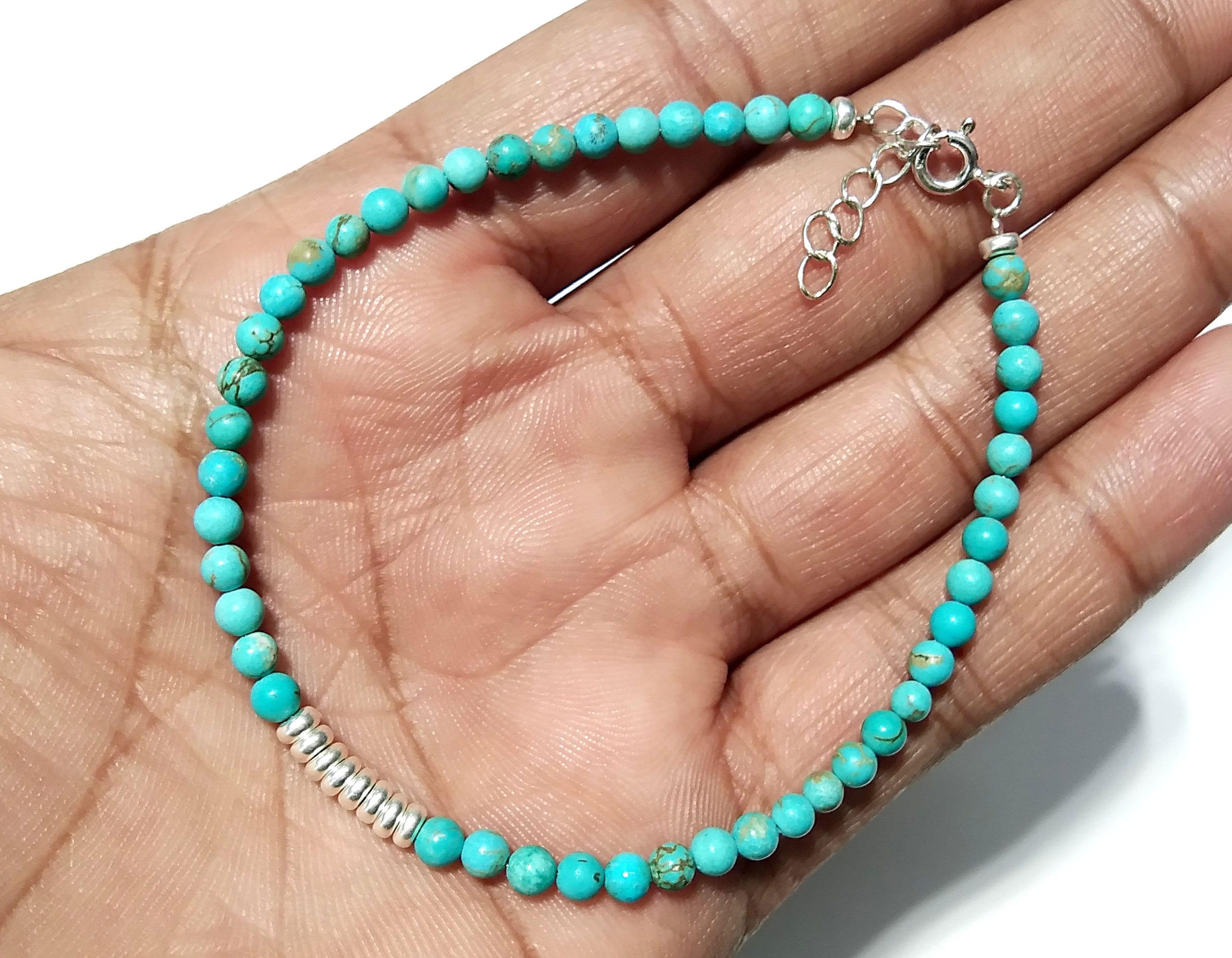 Natural Turquoise Gemstone Bracelet, Solid 925 Silver Wristlet Beaded Bracelet, Healing Crystal Beaded Bracelet, Men & Women Round Bracelet